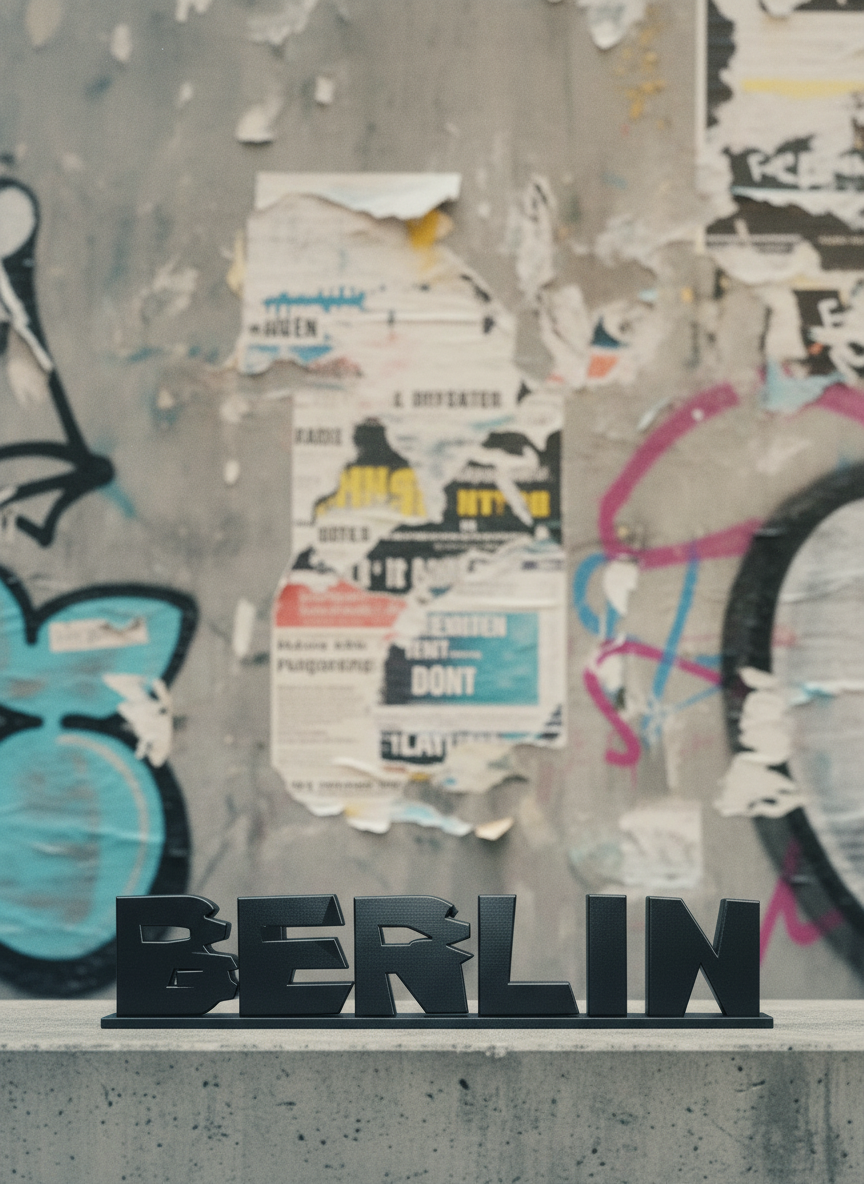 BERLIN, a 3D-printed name in black on a graffiti wall