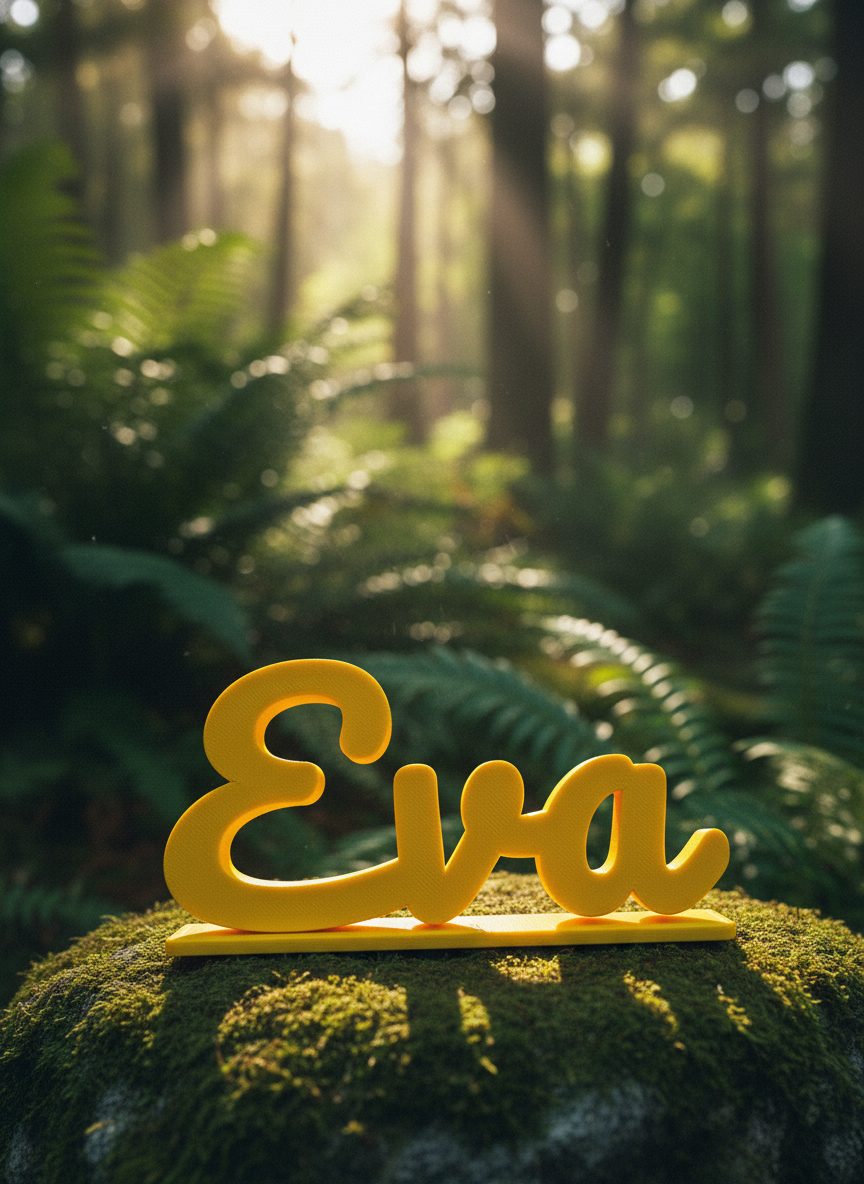 Eva, a 3D-printed name in yellow on a mossy rock in a forest