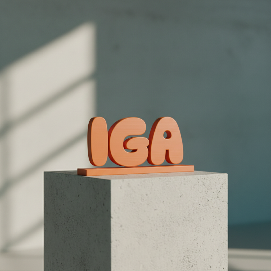 IGA, a 3D-printed name in burnt orange on a concrete plinth