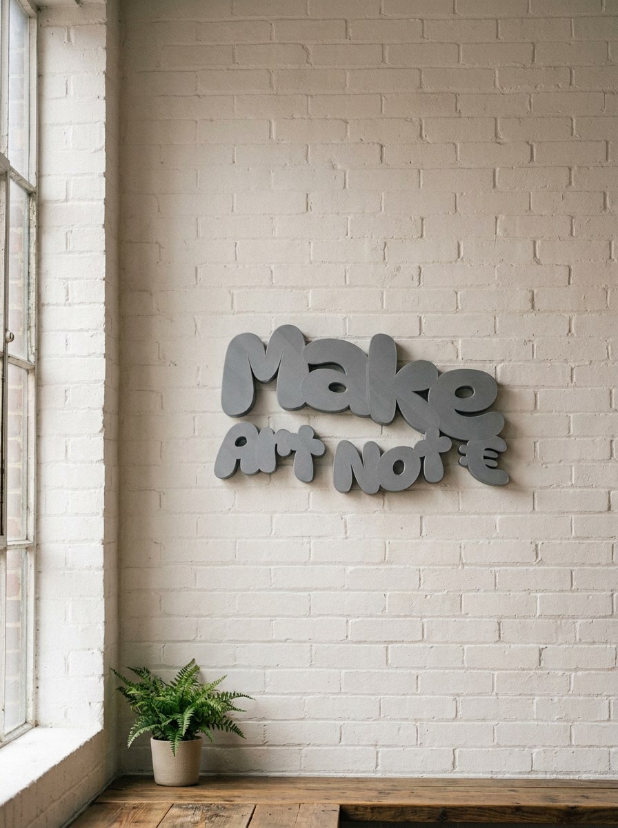Make Art Not Euro, a 3D-printed word-art piece in grey puffy letters mounted on a white brick wall