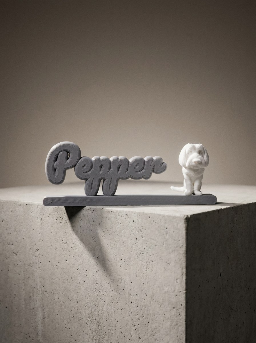 Pepper, a 3D-printed name in grey script with a matching dog figurine, on a concrete plinth