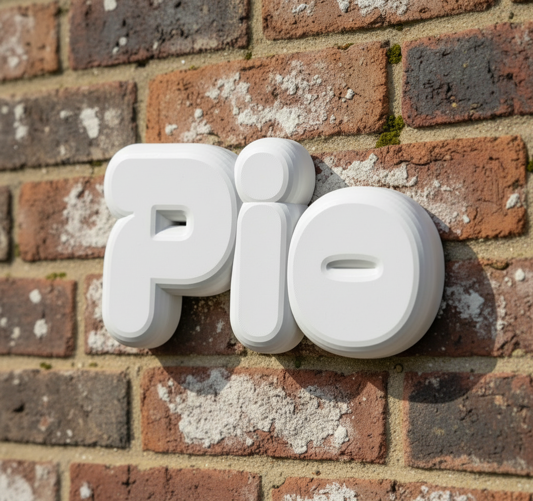 Pio, a 3D-printed name in white on a rustic brick wall