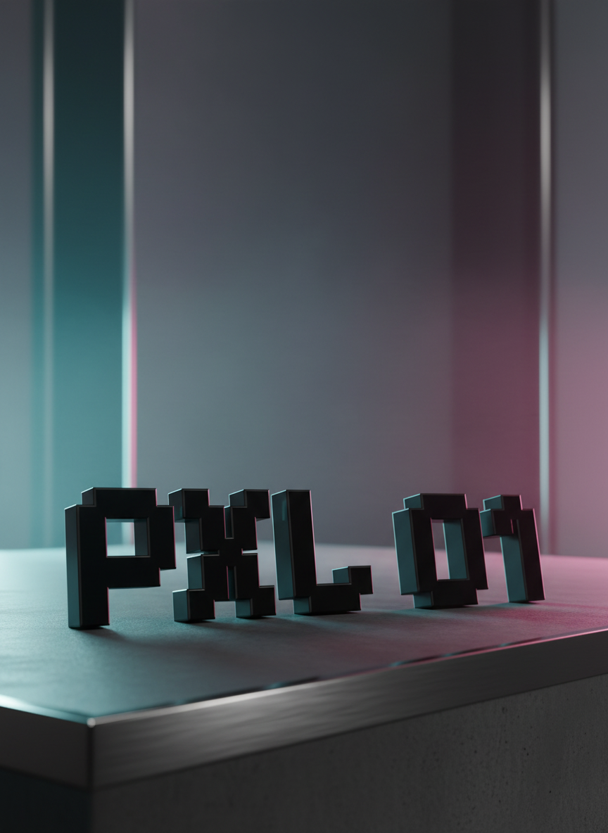 PXL 01, a 3D-printed pixel-font name in glossy black on a steel plinth with neon rim light