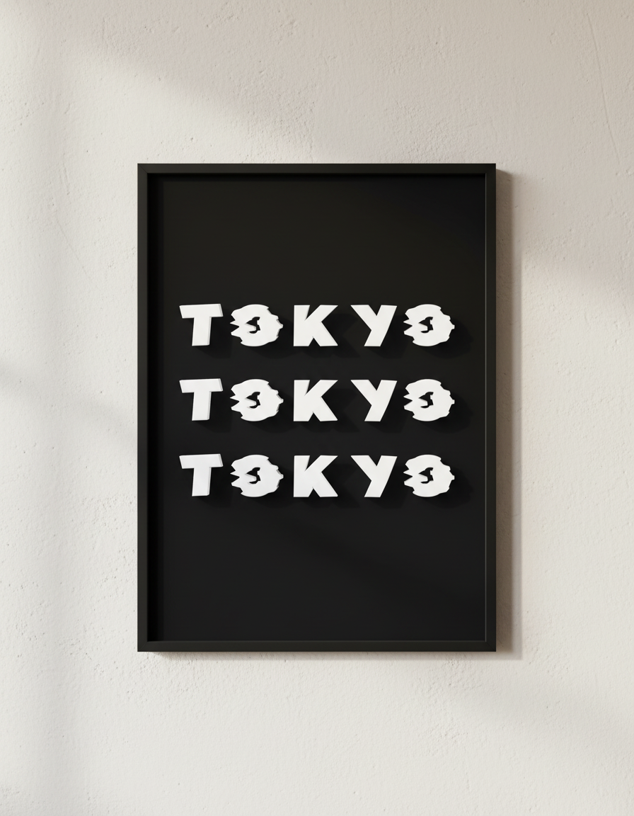 TOKYO, a 3D-printed name triplicated and framed on a wall