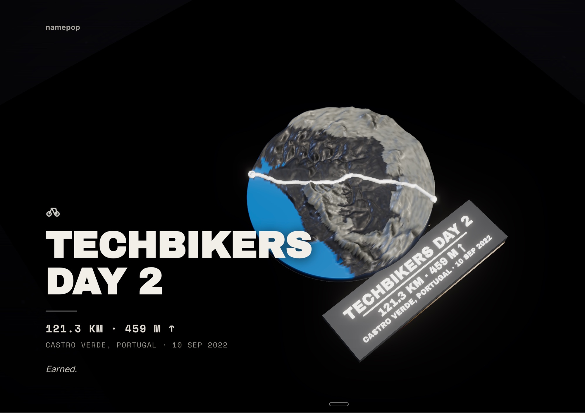 Techbikers Day 2, a 3D-printed relief map of a 121 km cycling route in Castro Verde, Portugal
