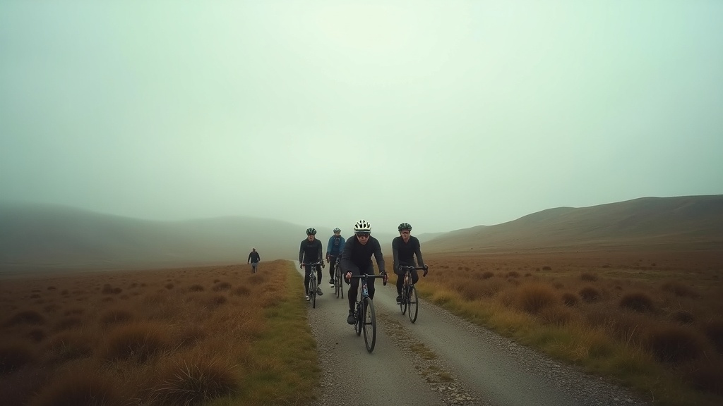 A group of gravel cyclists riding through wild moorland