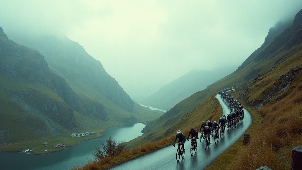 A peloton climbing a misty mountain pass
