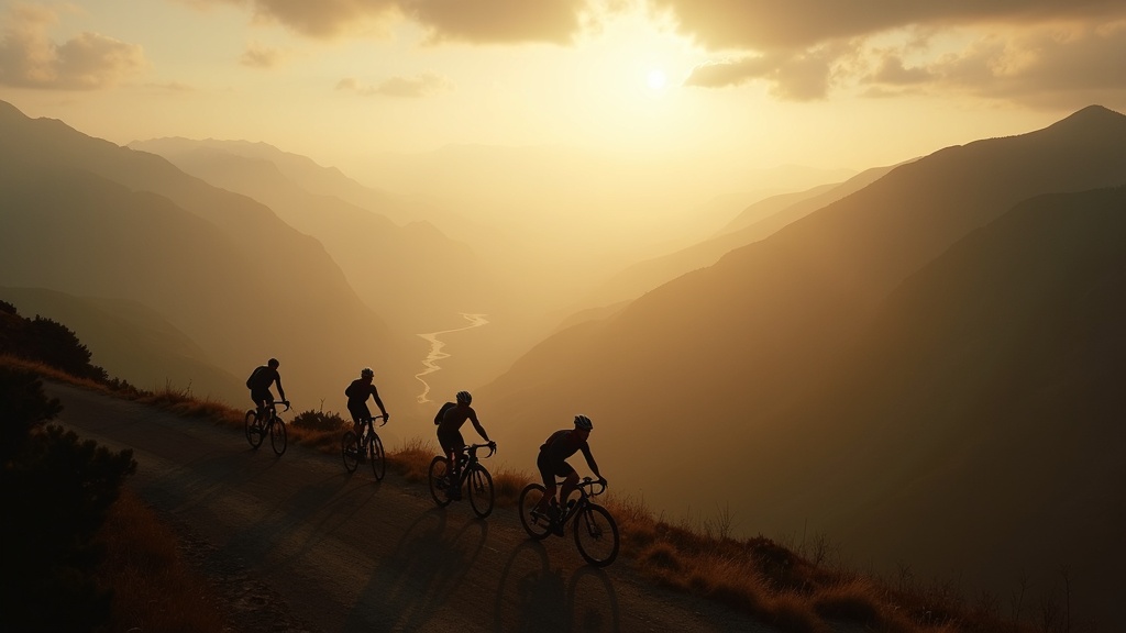 A group of cyclists cresting a mountain col at golden hour