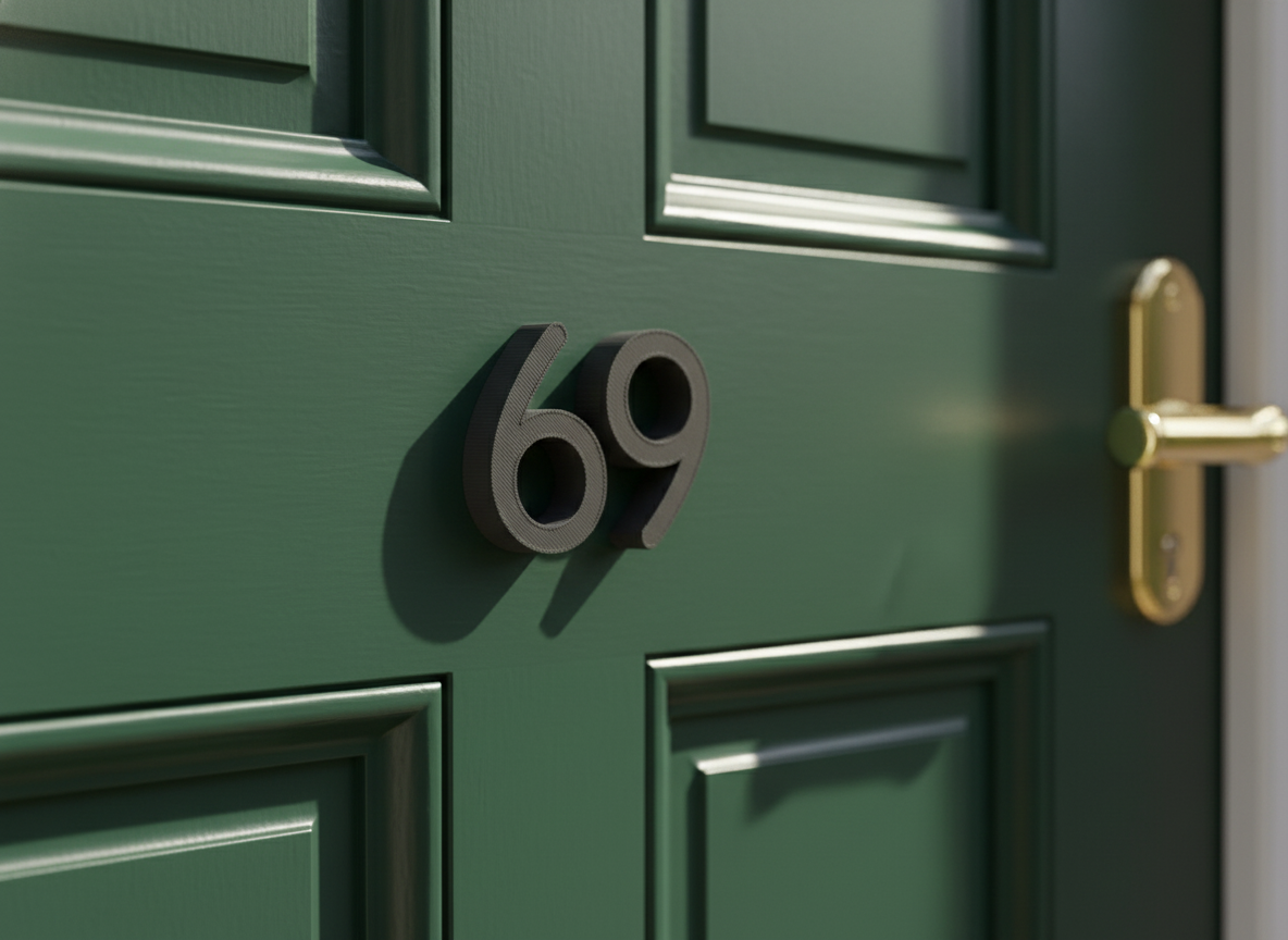 69, a 3D-printed house number in black on a green hipster door