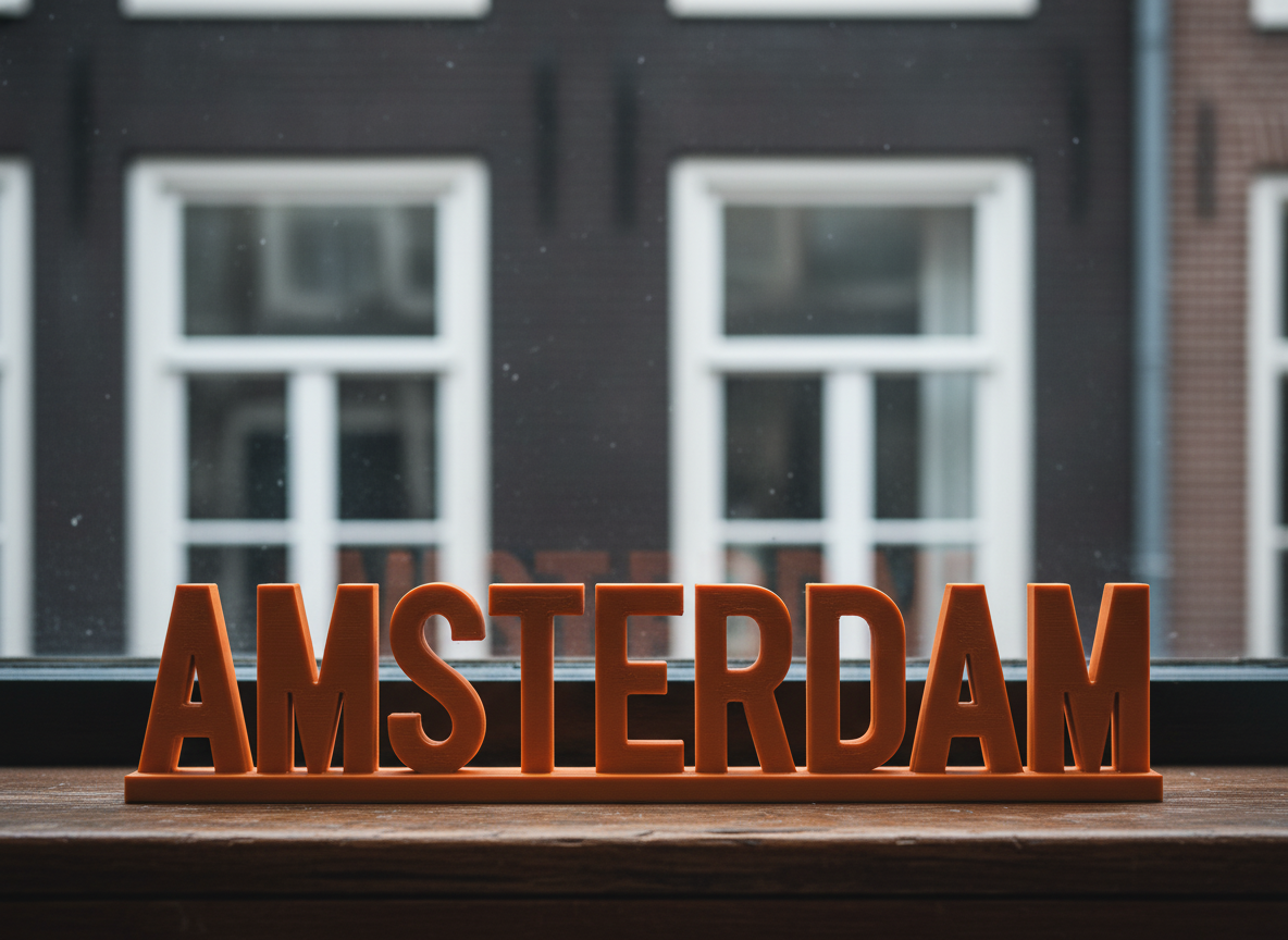 Amsterdam, a 3D-printed place sign in orange on a canal-house windowsill