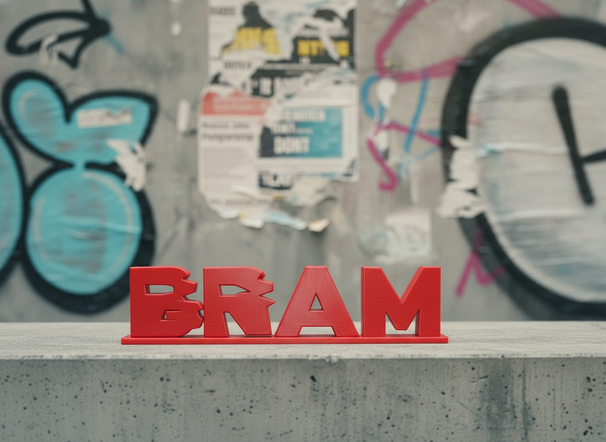Bram, a 3D-printed name in bold red on a graffiti wall