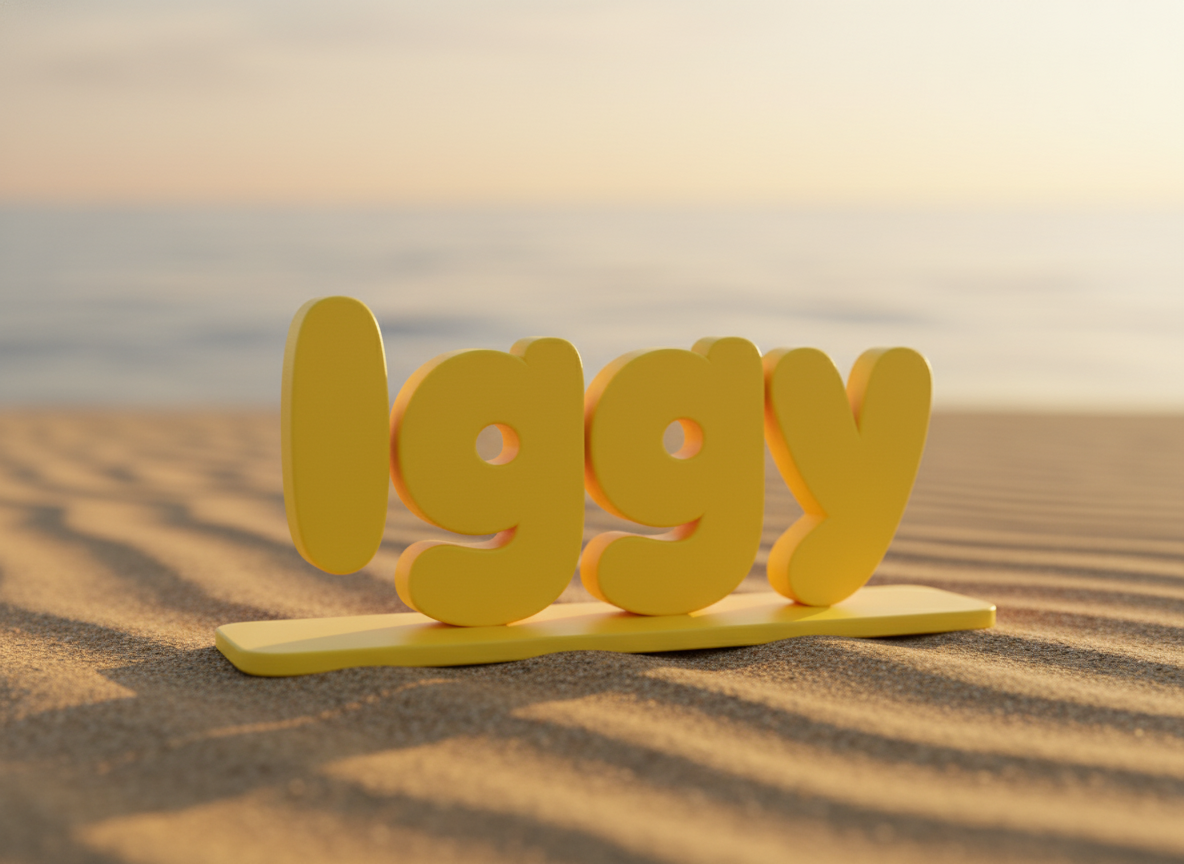 Iggy, a 3D-printed name in yellow bubble letters on a beach