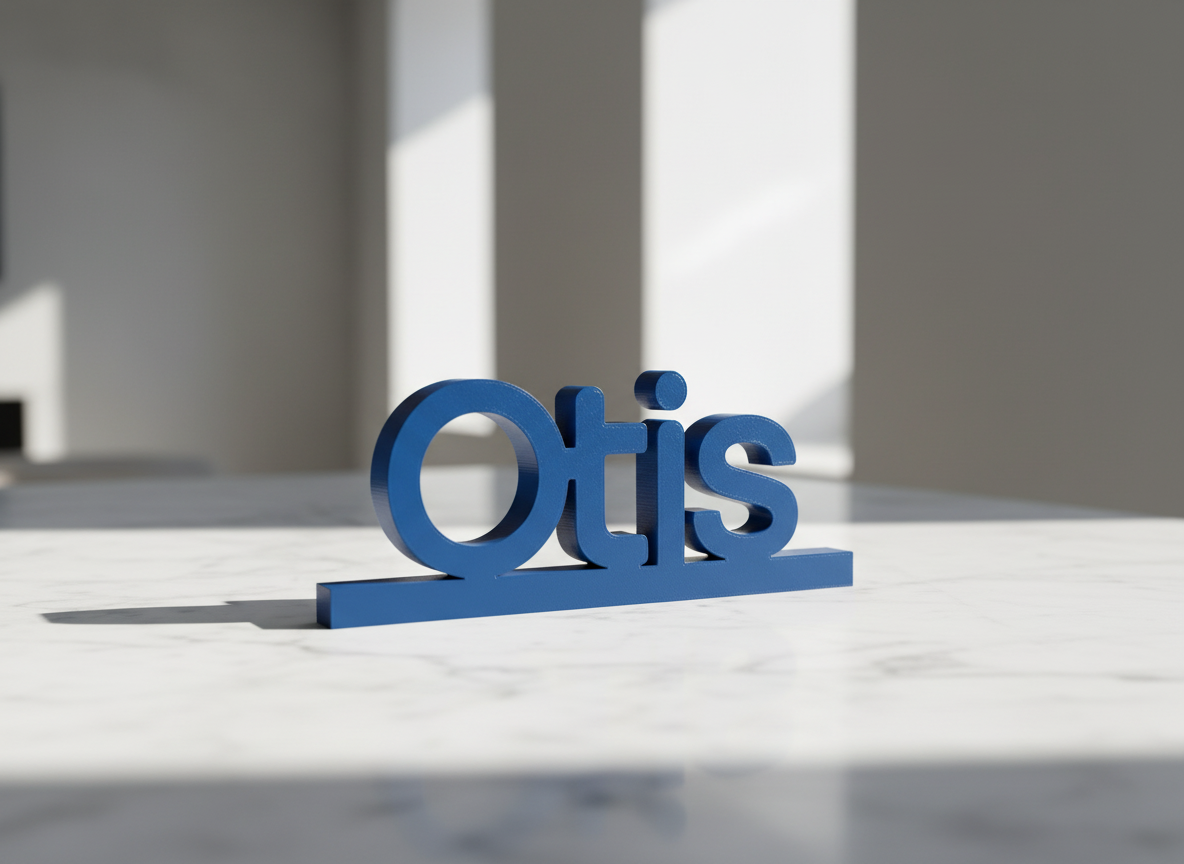 Otis, a 3D-printed name in cobalt slab serif on marble