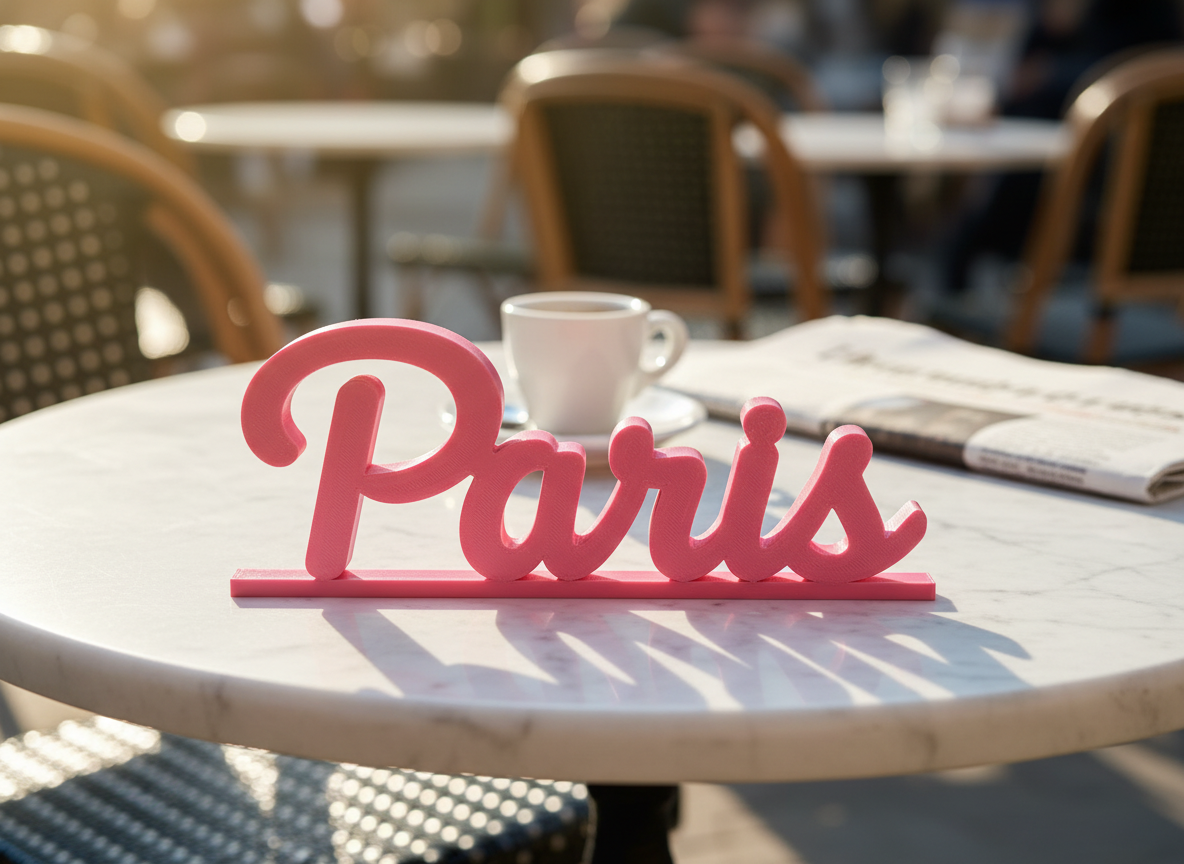 Paris, a 3D-printed place sign in pink script on a cafe table