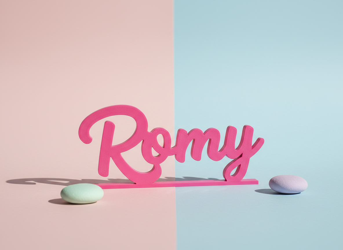 Romy, a 3D-printed name in pink cursive script on pastel
