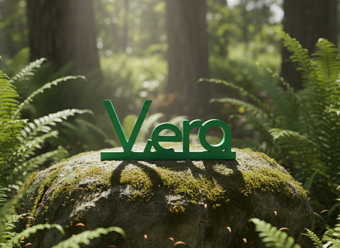 Vera, a 3D-printed name in green grotesk on a forest rock