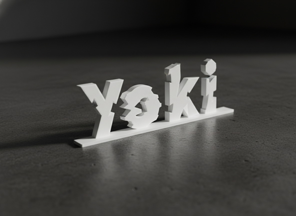 Yuki, a 3D-printed name in white glitch font on dark concrete