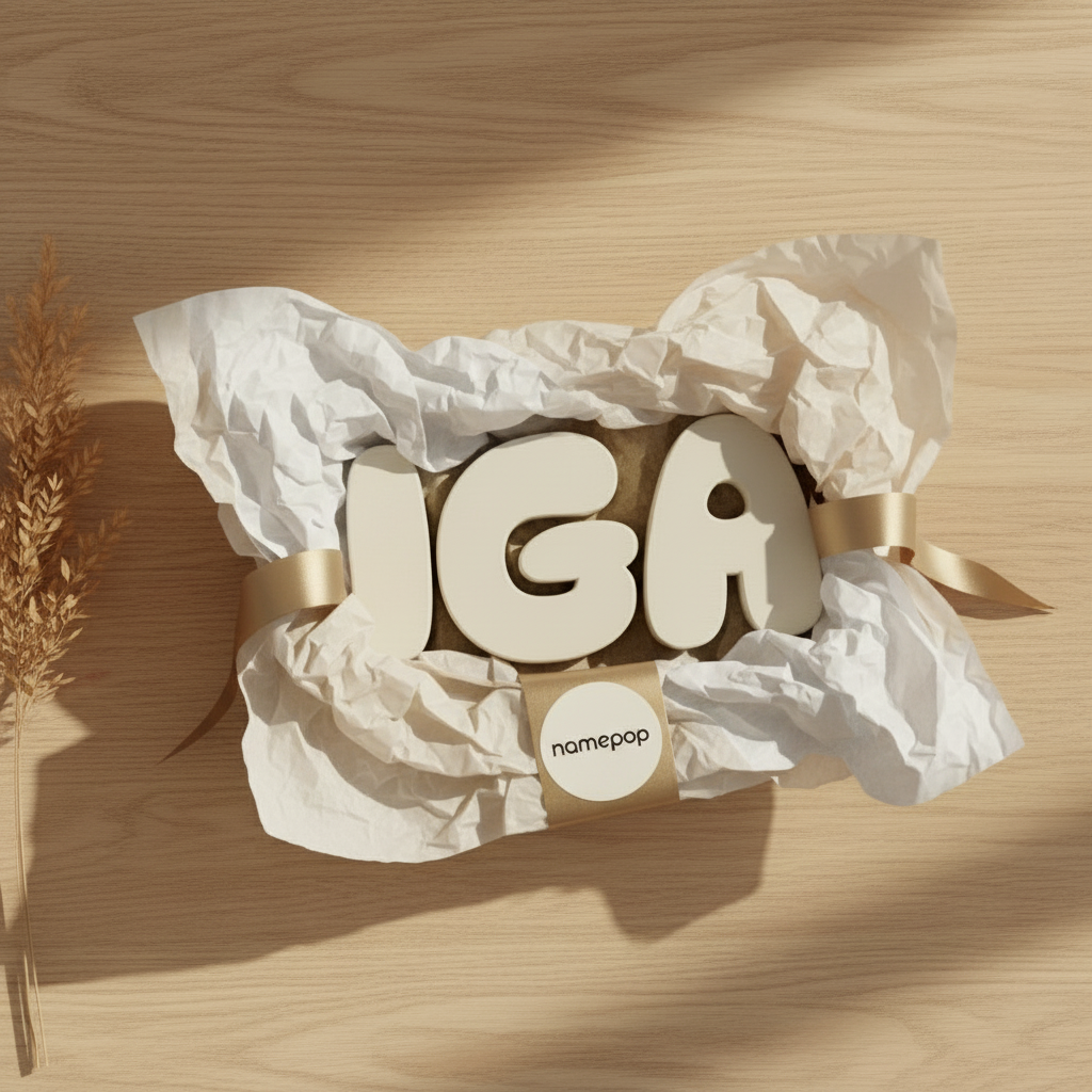 A 3D-printed IGA name wrapped by hand in organic ivory paper with a namepop seal