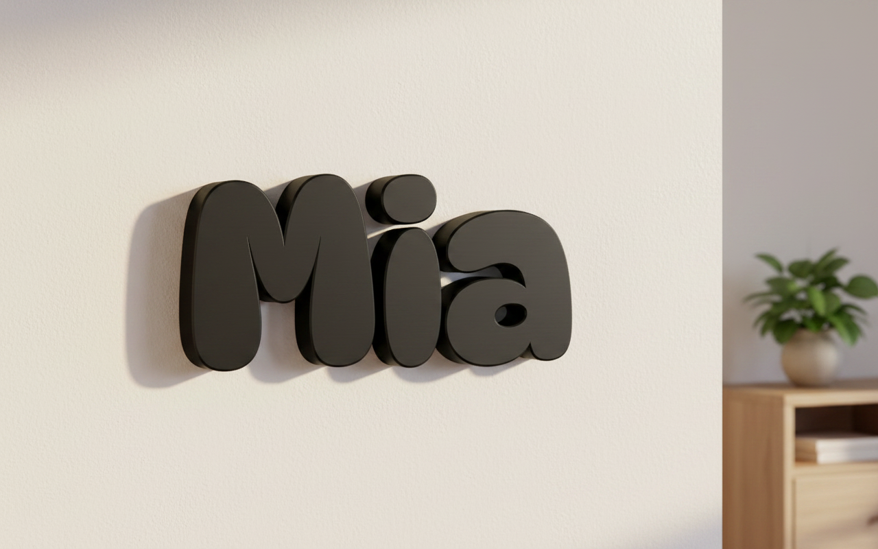 A printed name mounted on the wall